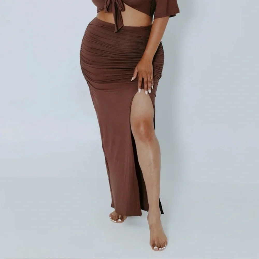 Ruched‎ Midi Skirt Brown Bodycon Slit Sexy Cocktail Party Club Wear